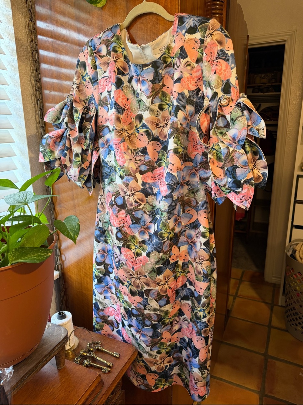 Badgley Mischka Butterfly Floral Statement Sleeve Midi Dress Size 12